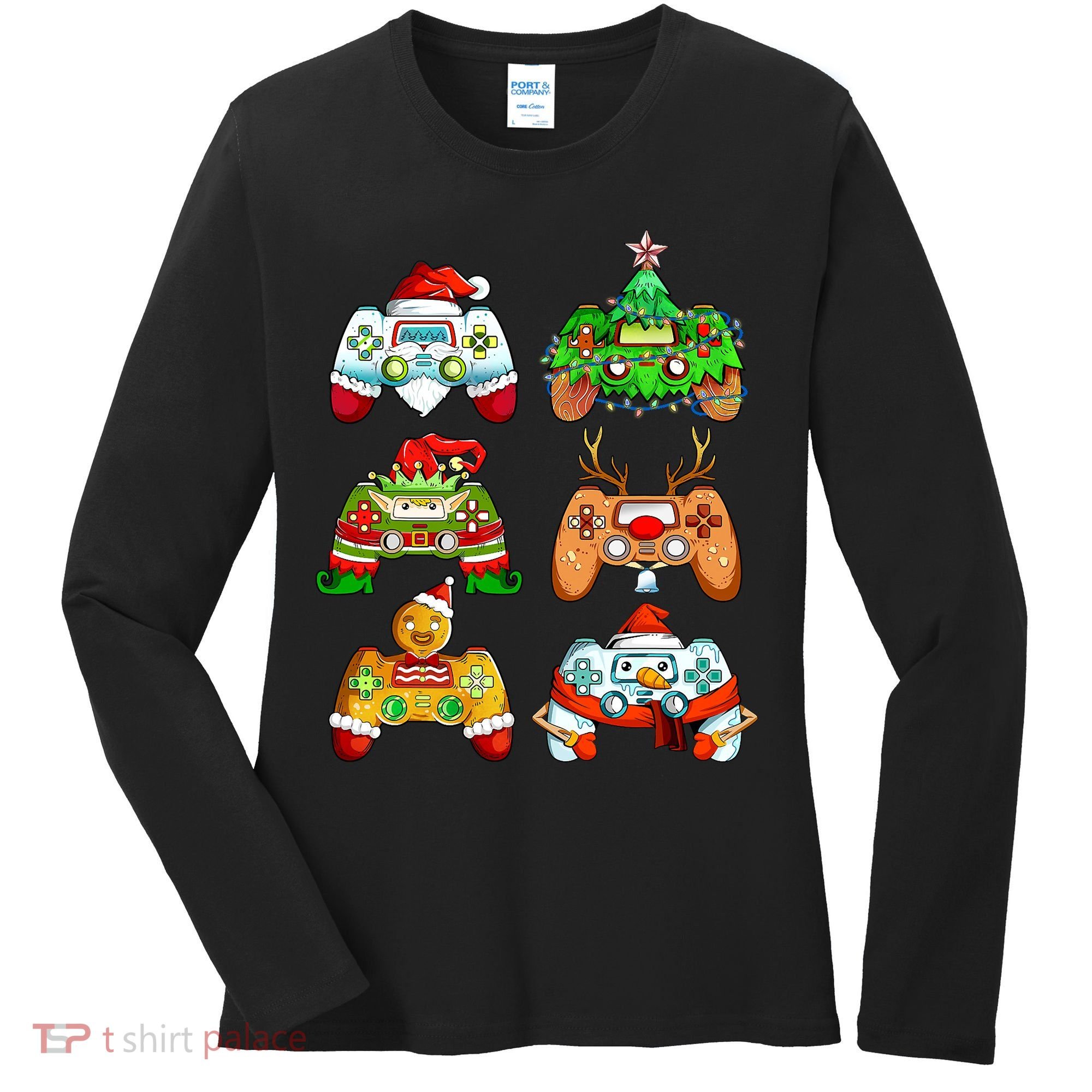 Boys Christmas Santa Elf Gaming Controllers Gamer Xmas Women's Long Sleeve Shirt