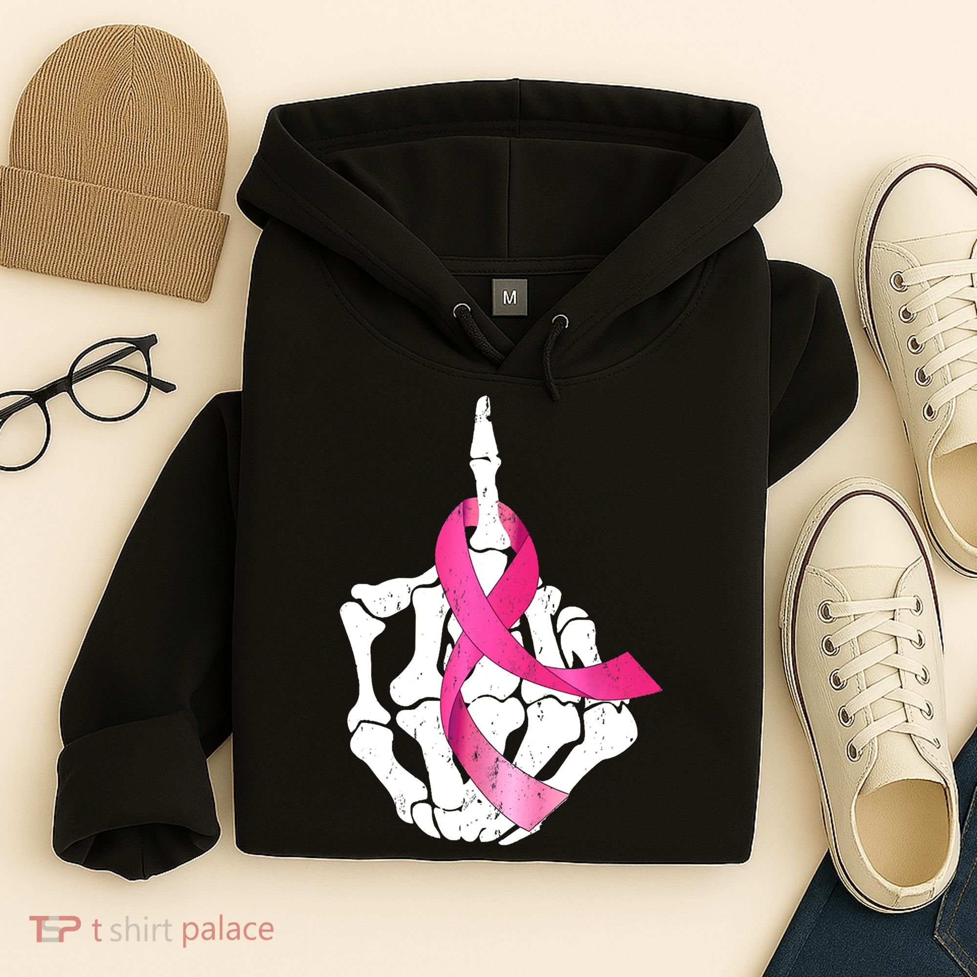 Breast Cancer Skeleton Hand Fuck Pink Funny Awareness Hoodie