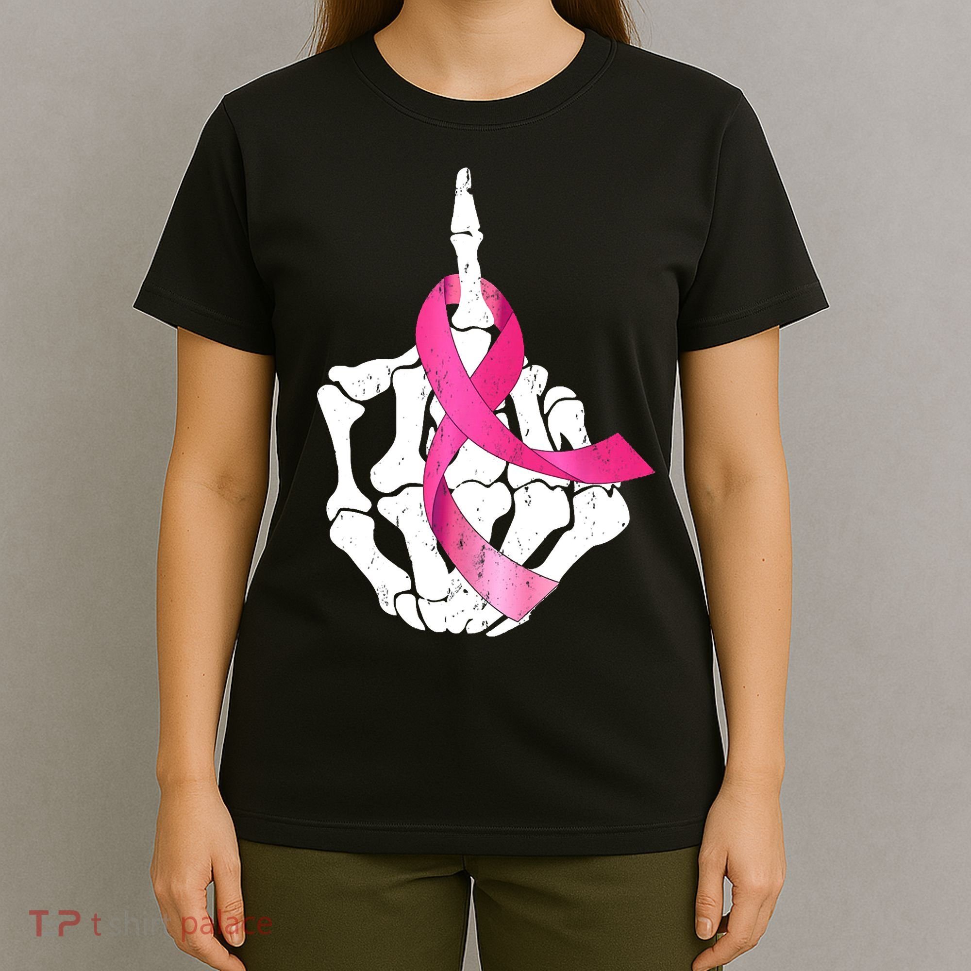 Breast Cancer Skeleton Hand Fuck Pink Funny Awareness T-Shirt