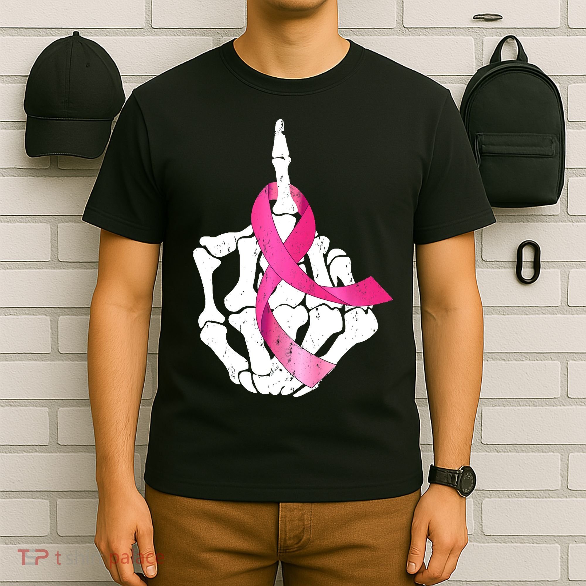 Breast Cancer Skeleton Hand Fuck Pink Funny Awareness T-Shirt