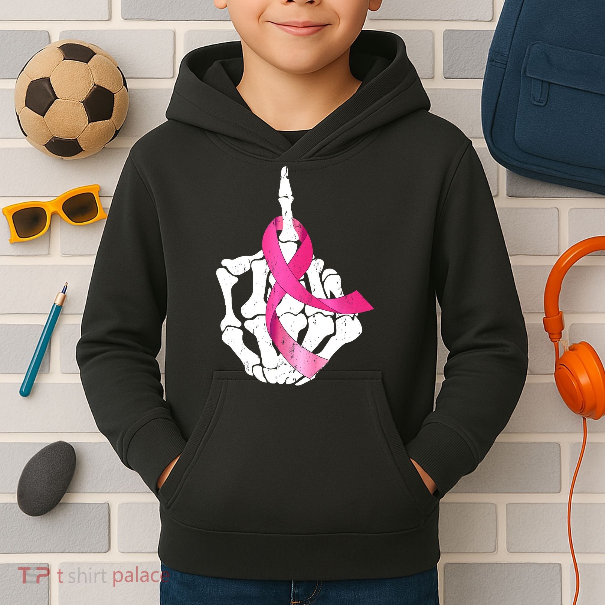 Breast Cancer Skeleton Hand Fuck Pink Funny Awareness Kids Hoodie