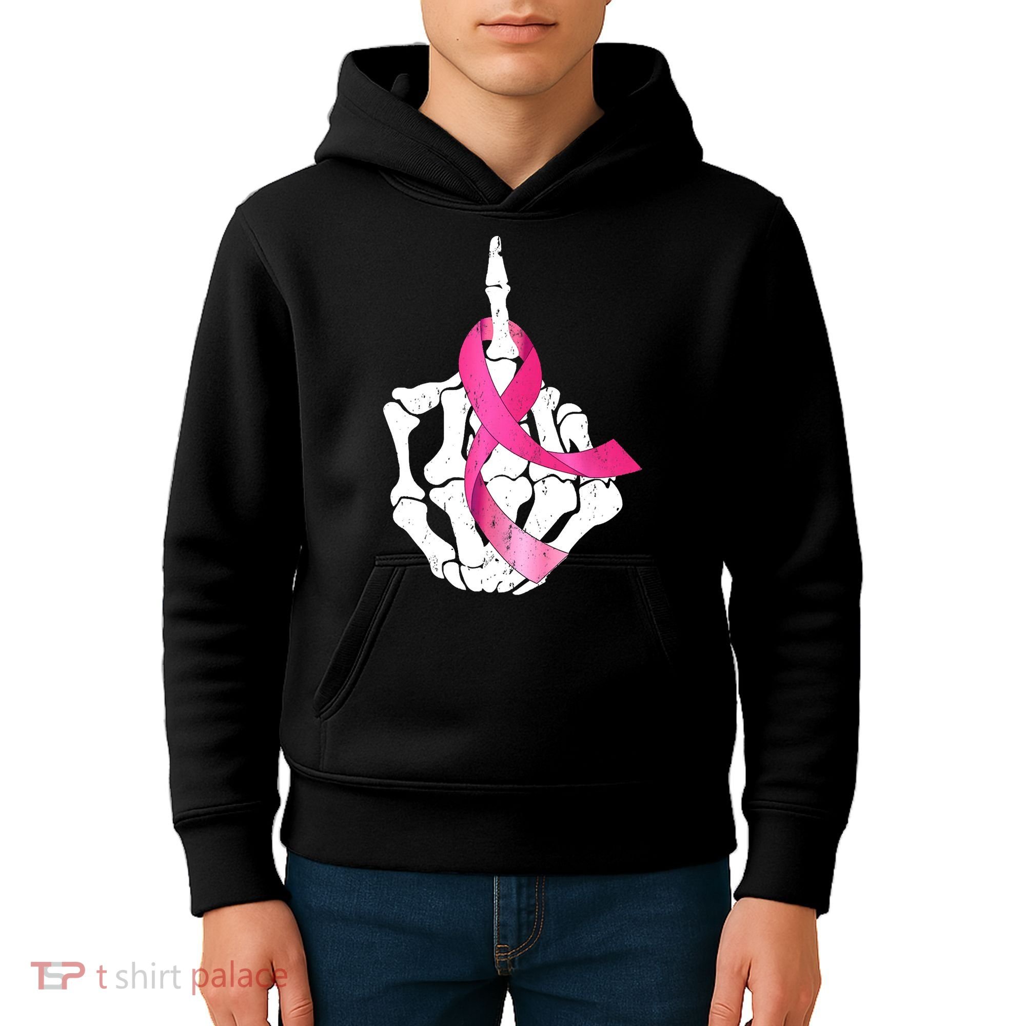Breast Cancer Skeleton Hand Fuck Pink Funny Awareness Kids Hoodie