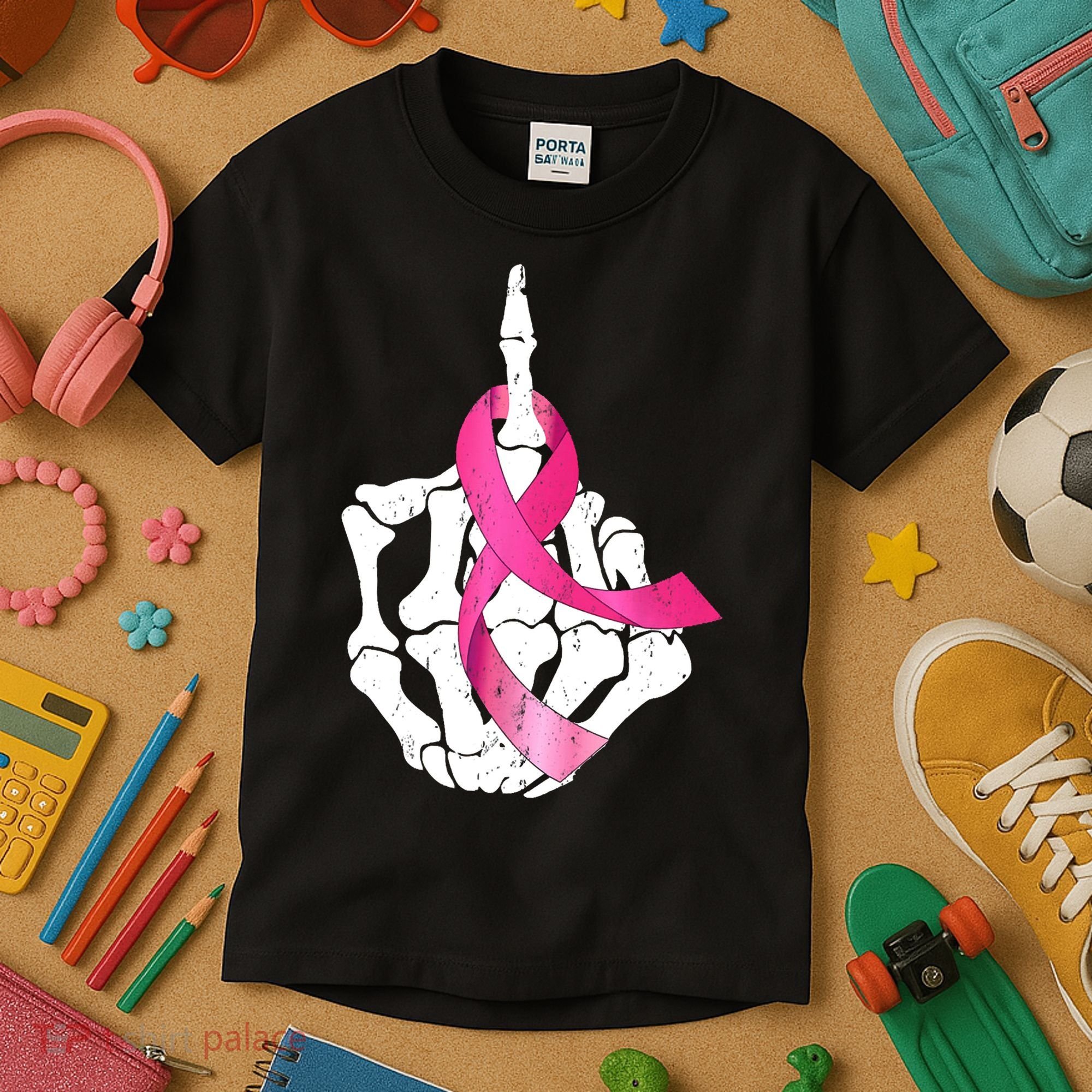 Breast Cancer Skeleton Hand Fuck Pink Funny Awareness Kids T-Shirt