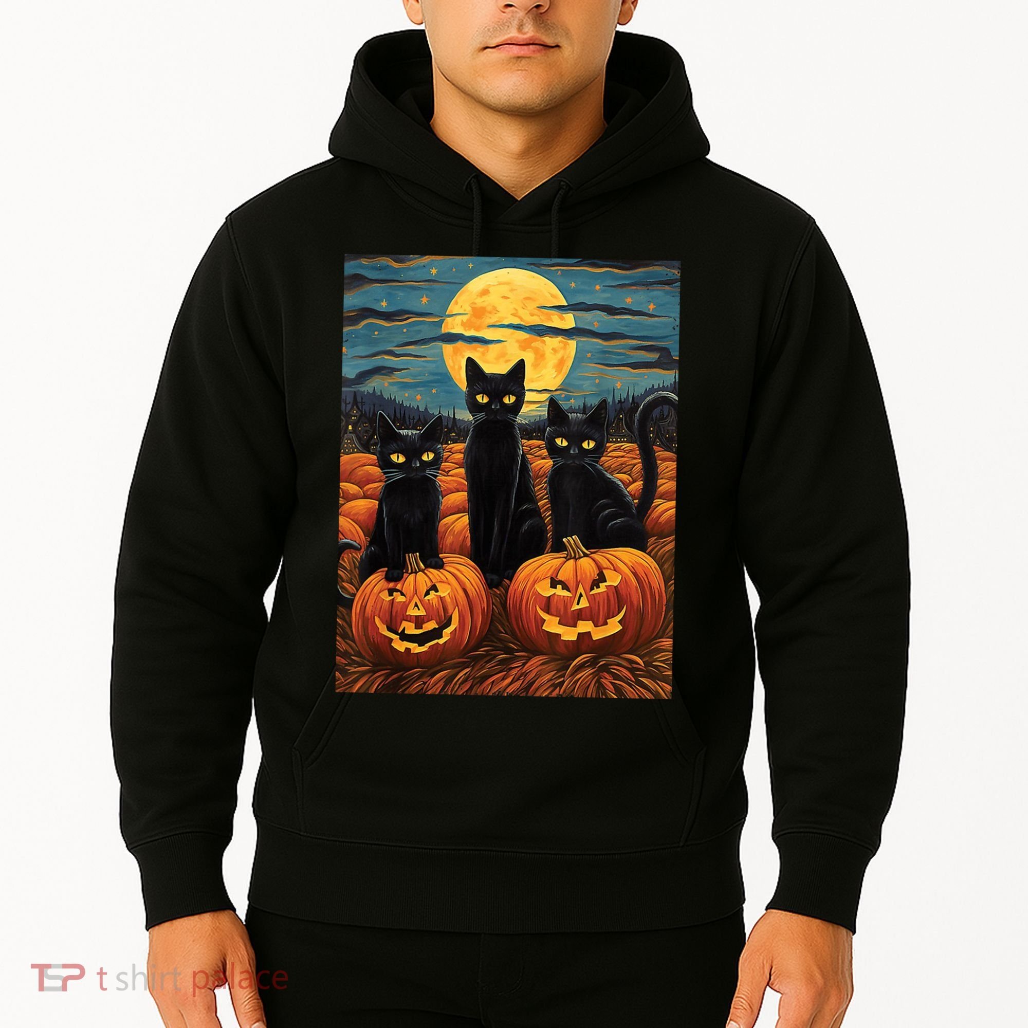 Black Cat Starry Night Van Gogh Funny Halloween Hoodie