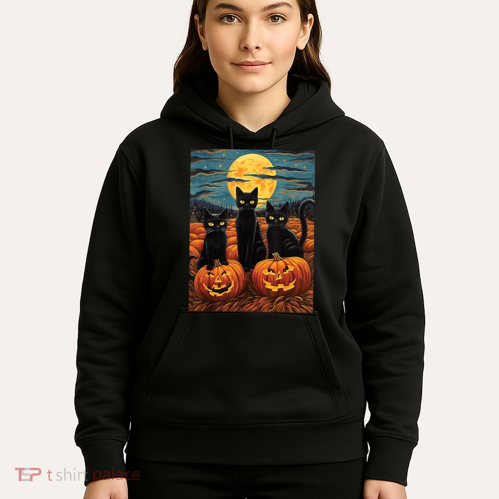 Black Cat Starry Night Van Gogh Funny Halloween Hoodie
