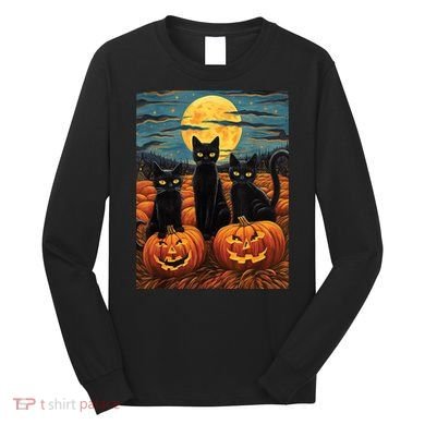 Black Cat Starry Night Van Gogh Funny Halloween Long Sleeve Shirt