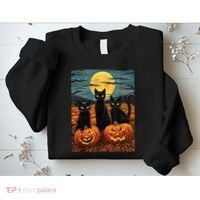 Black Cat Starry Night Van Gogh Funny Halloween Sweatshirt thumb 2