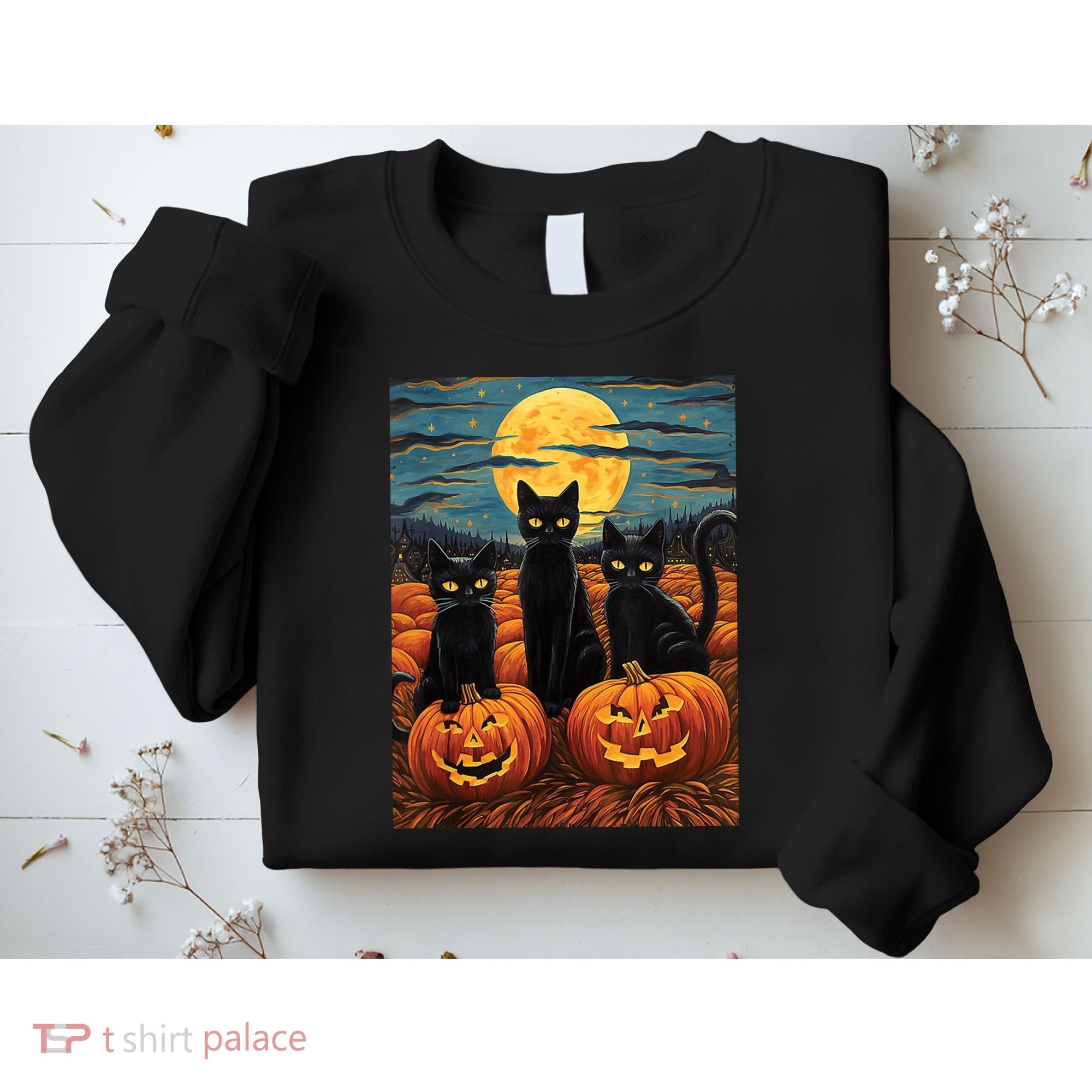 Black Cat Starry Night Van Gogh Funny Halloween Sweatshirt