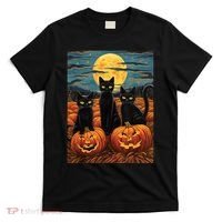 Black Cat Starry Night Van Gogh Funny Halloween T-Shirt thumb 0