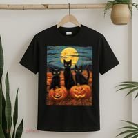 Black Cat Starry Night Van Gogh Funny Halloween T-Shirt thumb 2