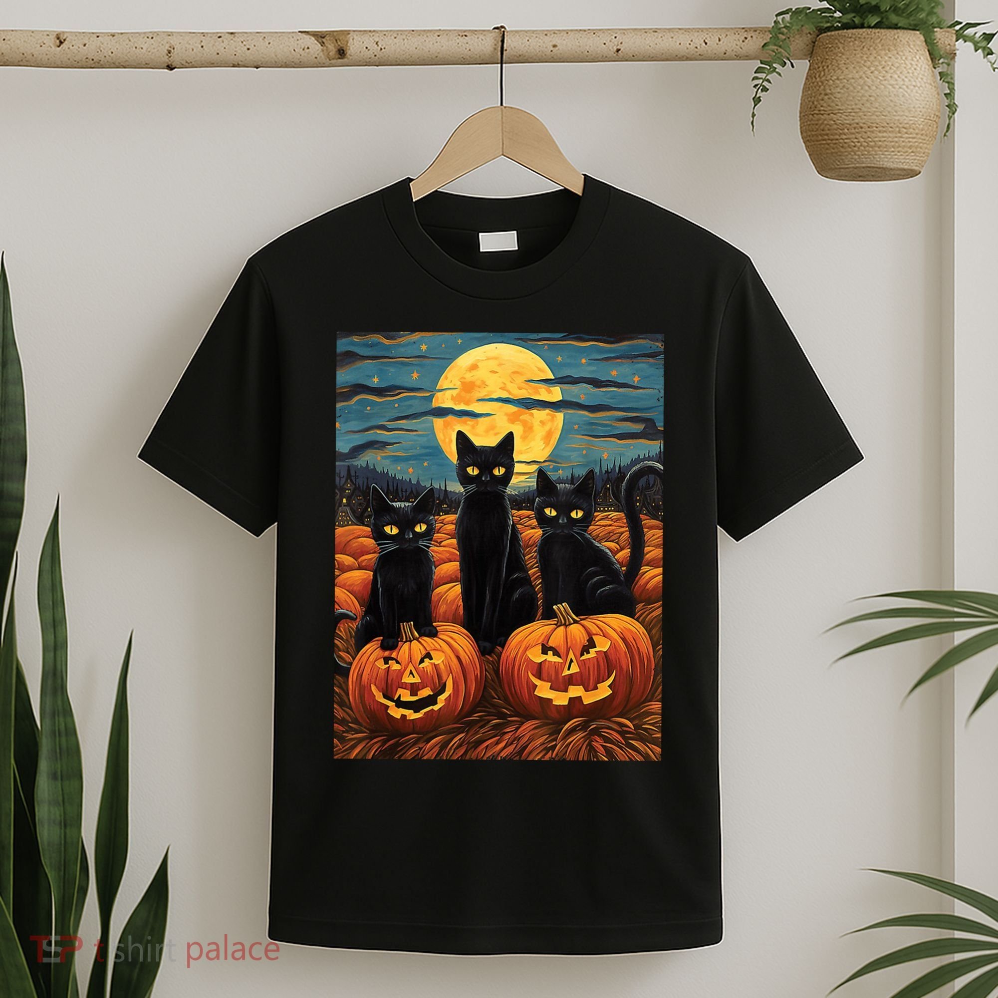 Black Cat Starry Night Van Gogh Funny Halloween T-Shirt