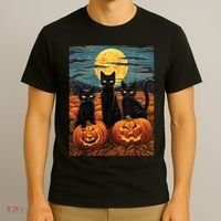 Black Cat Starry Night Van Gogh Funny Halloween T-Shirt thumb 3