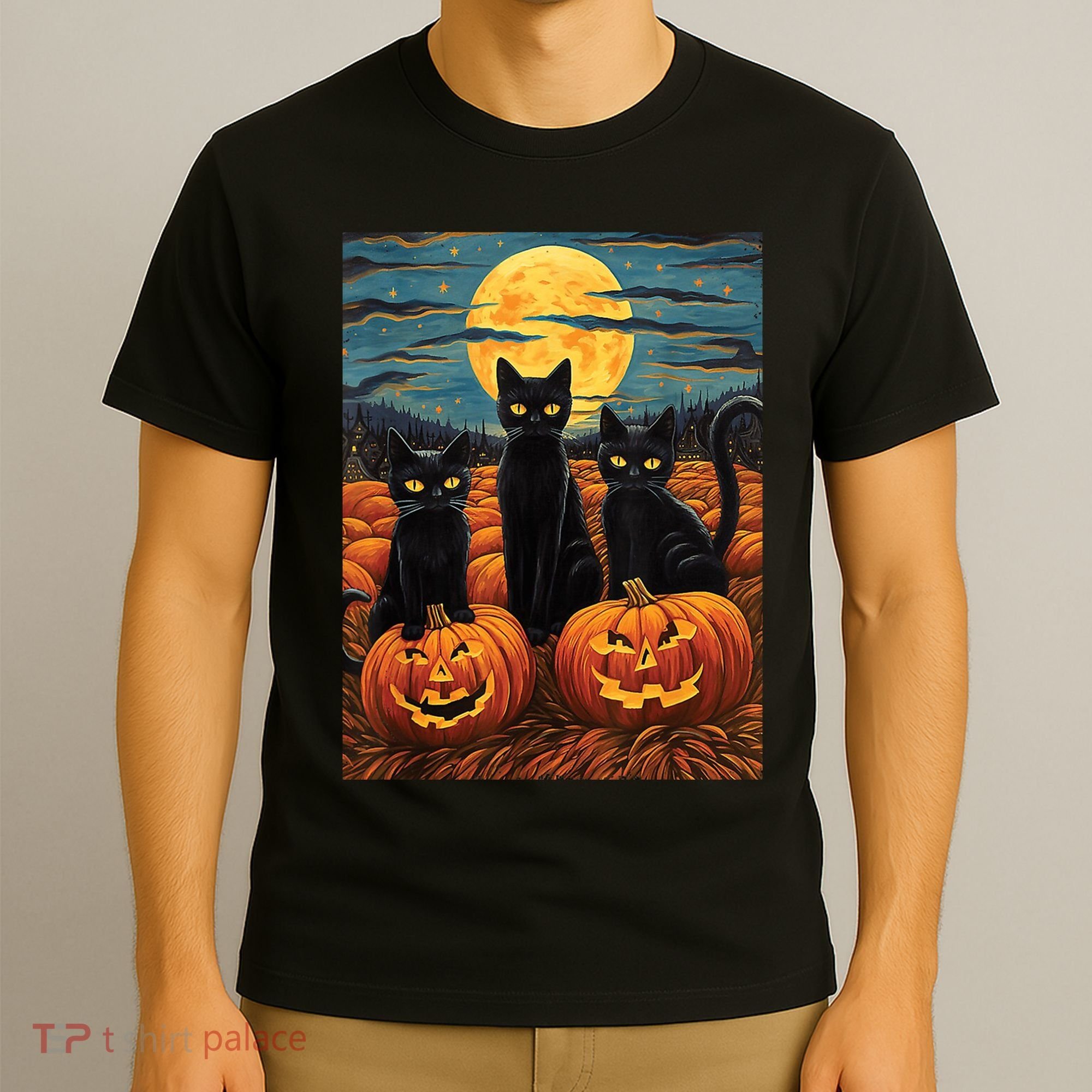 Black Cat Starry Night Van Gogh Funny Halloween T-Shirt