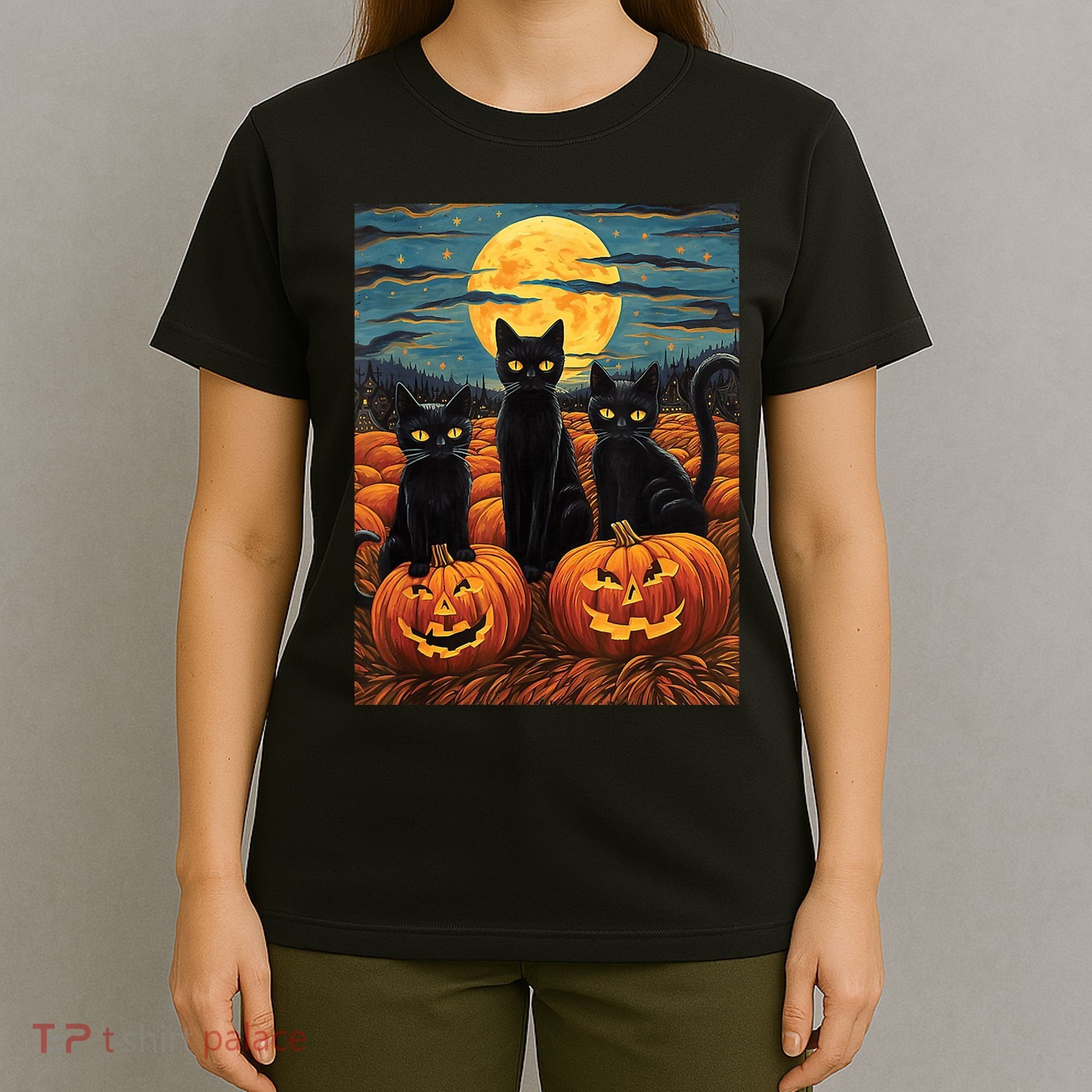 Black Cat Starry Night Van Gogh Funny Halloween T-Shirt
