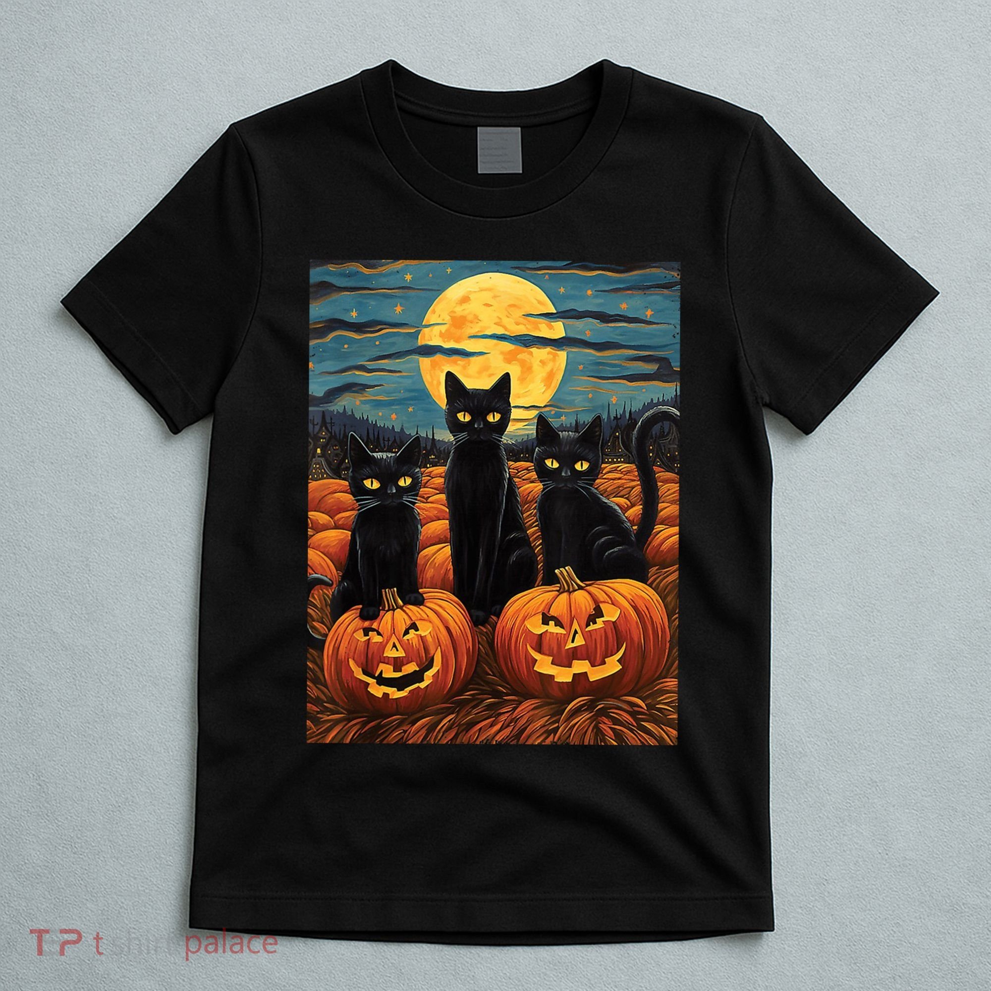 Black Cat Starry Night Van Gogh Funny Halloween T-Shirt