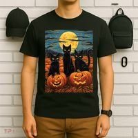 Black Cat Starry Night Van Gogh Funny Halloween T-Shirt thumb 6