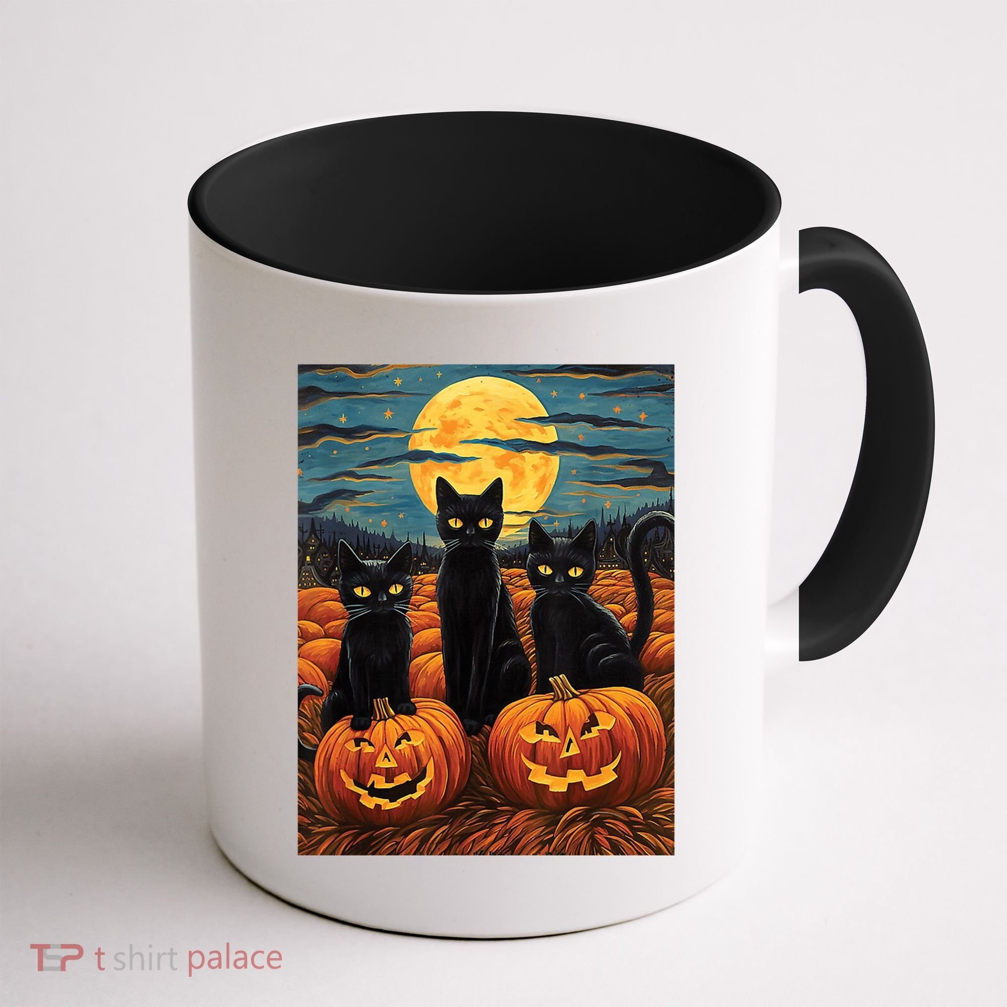 Black Cat Starry Night Van Gogh Funny Halloween Coffee Mug