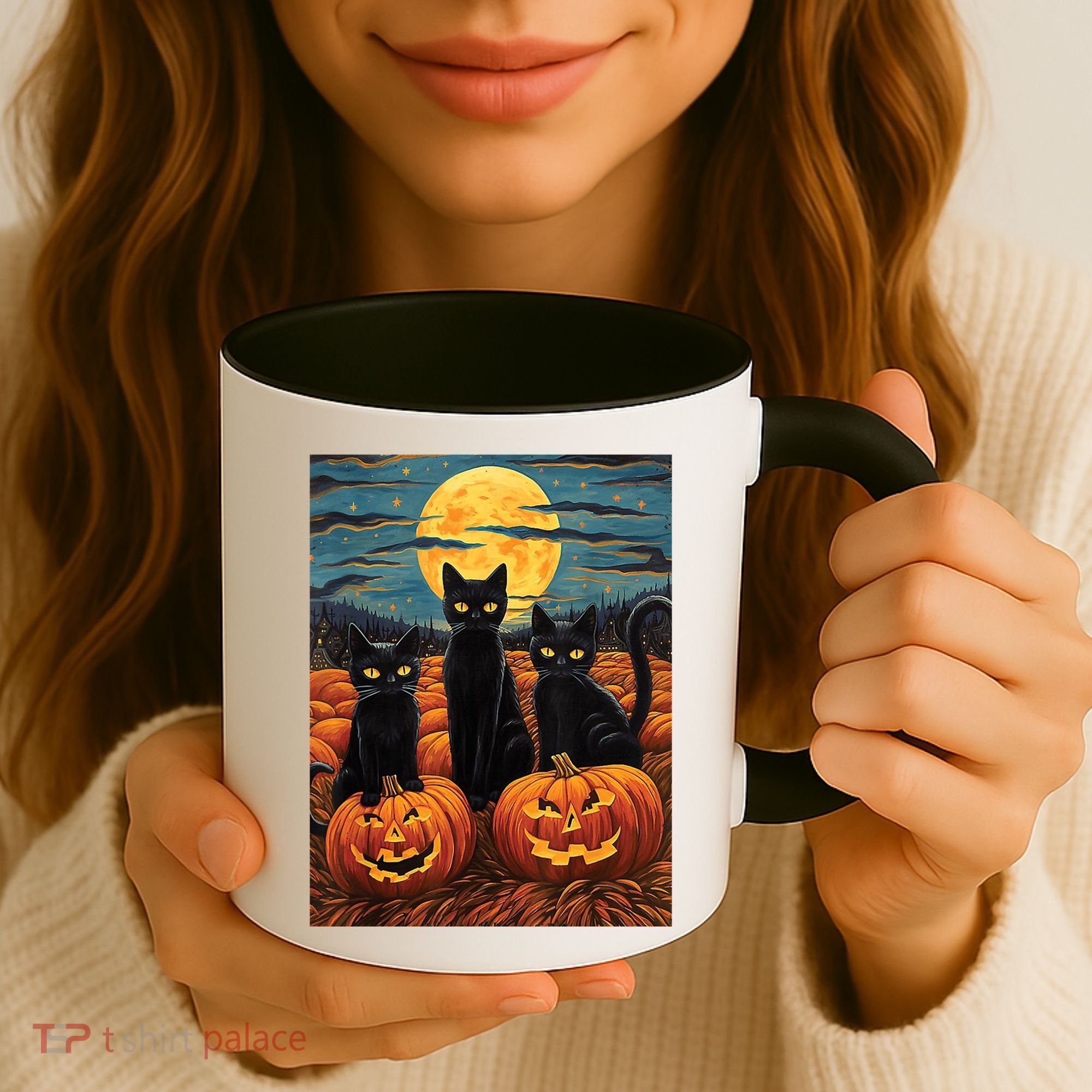 Black Cat Starry Night Van Gogh Funny Halloween Coffee Mug