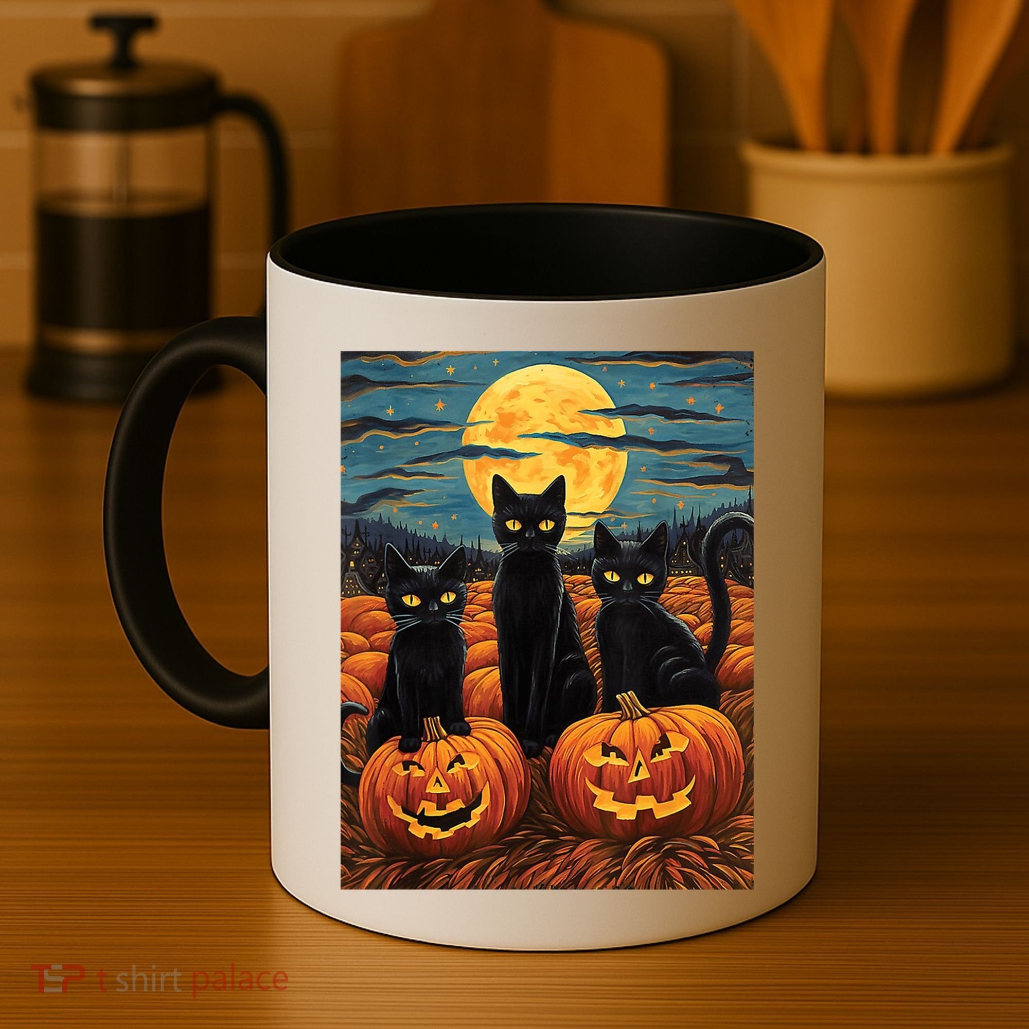 Black Cat Starry Night Van Gogh Funny Halloween Coffee Mug