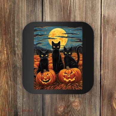 Black Cat Starry Night Van Gogh Funny Halloween Coaster
