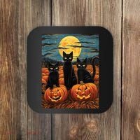 Black Cat Starry Night Van Gogh Funny Halloween Coaster thumb 0
