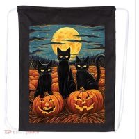 Black Cat Starry Night Van Gogh Funny Halloween Drawstring Bag thumb 0