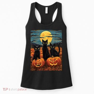 Black Cat Starry Night Van Gogh Funny Halloween Women's Tank Top