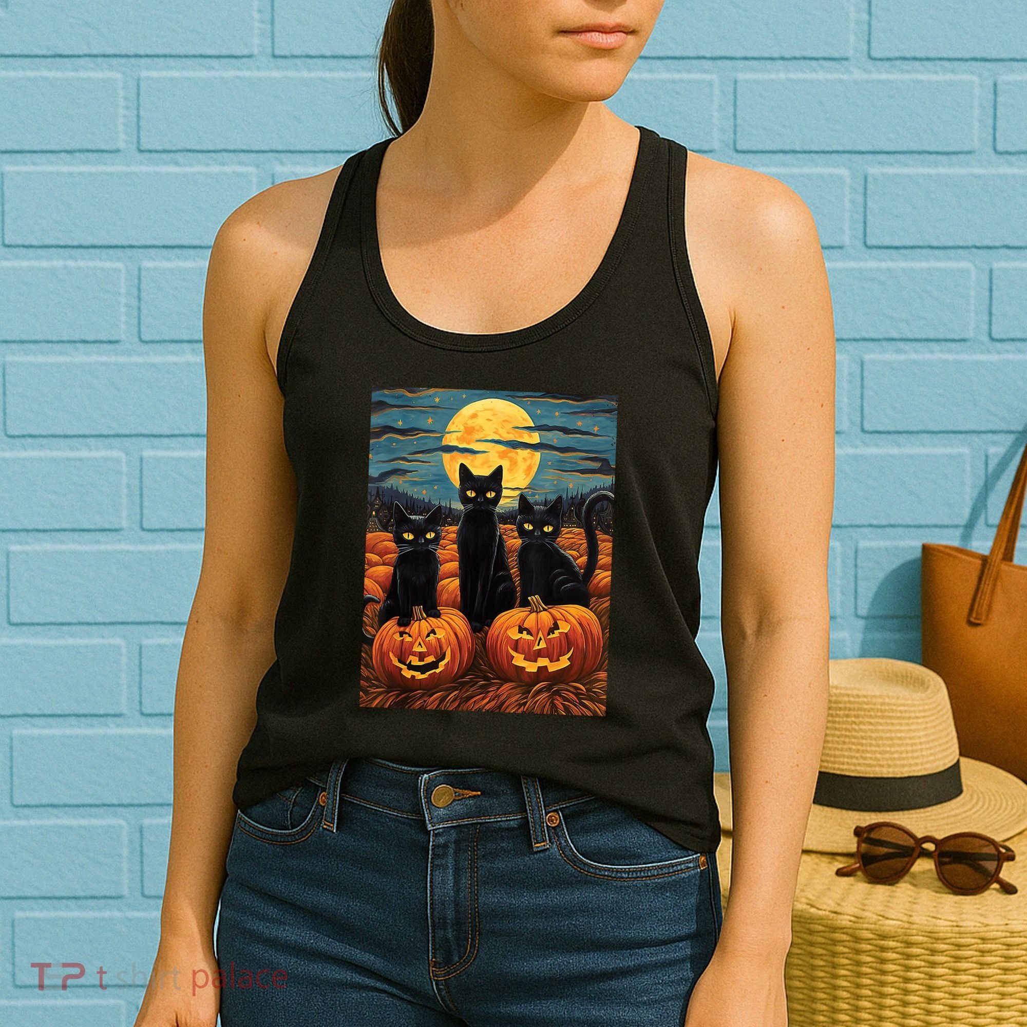 Black Cat Starry Night Van Gogh Funny Halloween Women's Tank Top
