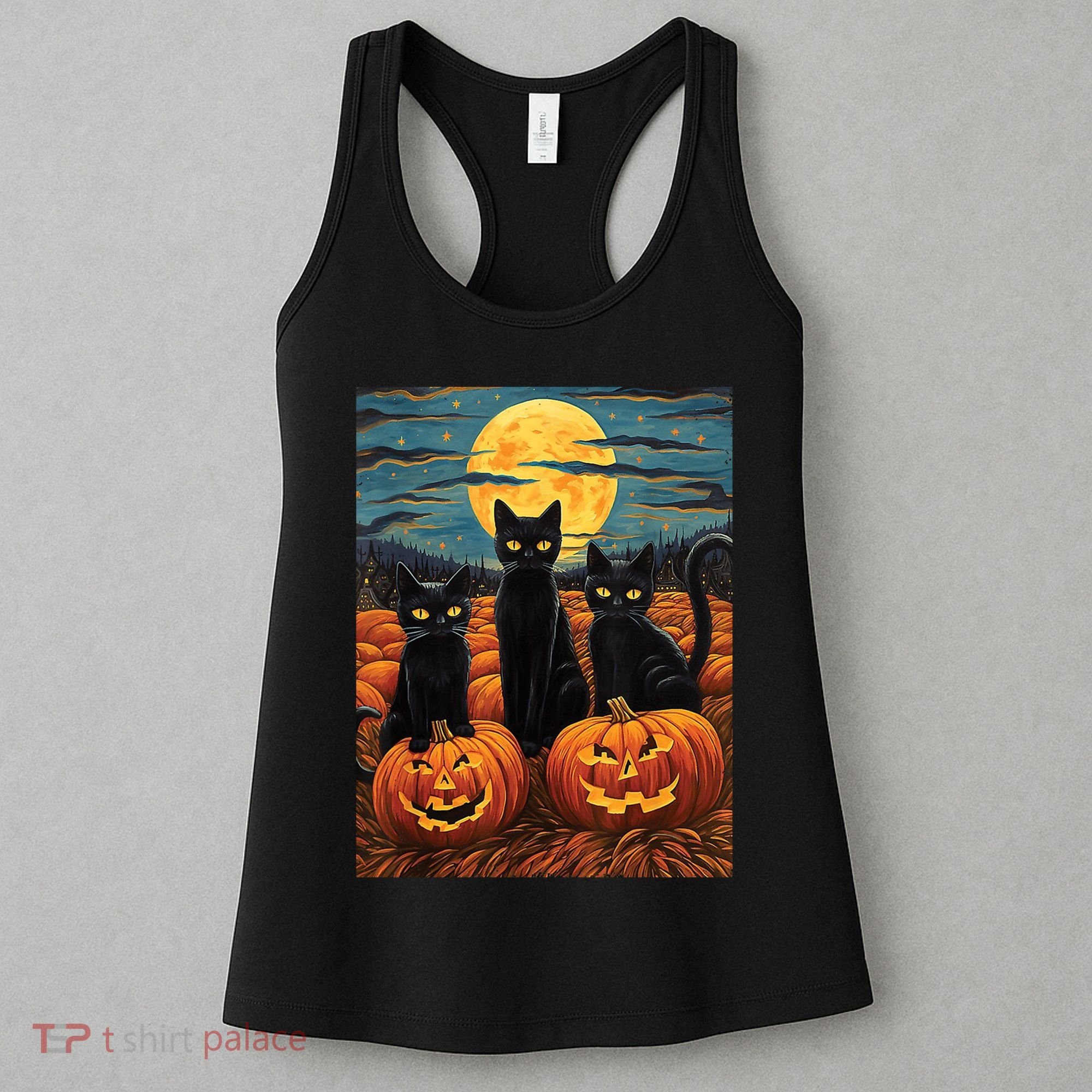 Black Cat Starry Night Van Gogh Funny Halloween Women's Tank Top