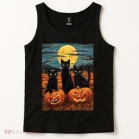 Black Cat Starry Night Van Gogh Funny Halloween Tank Top thumb 2