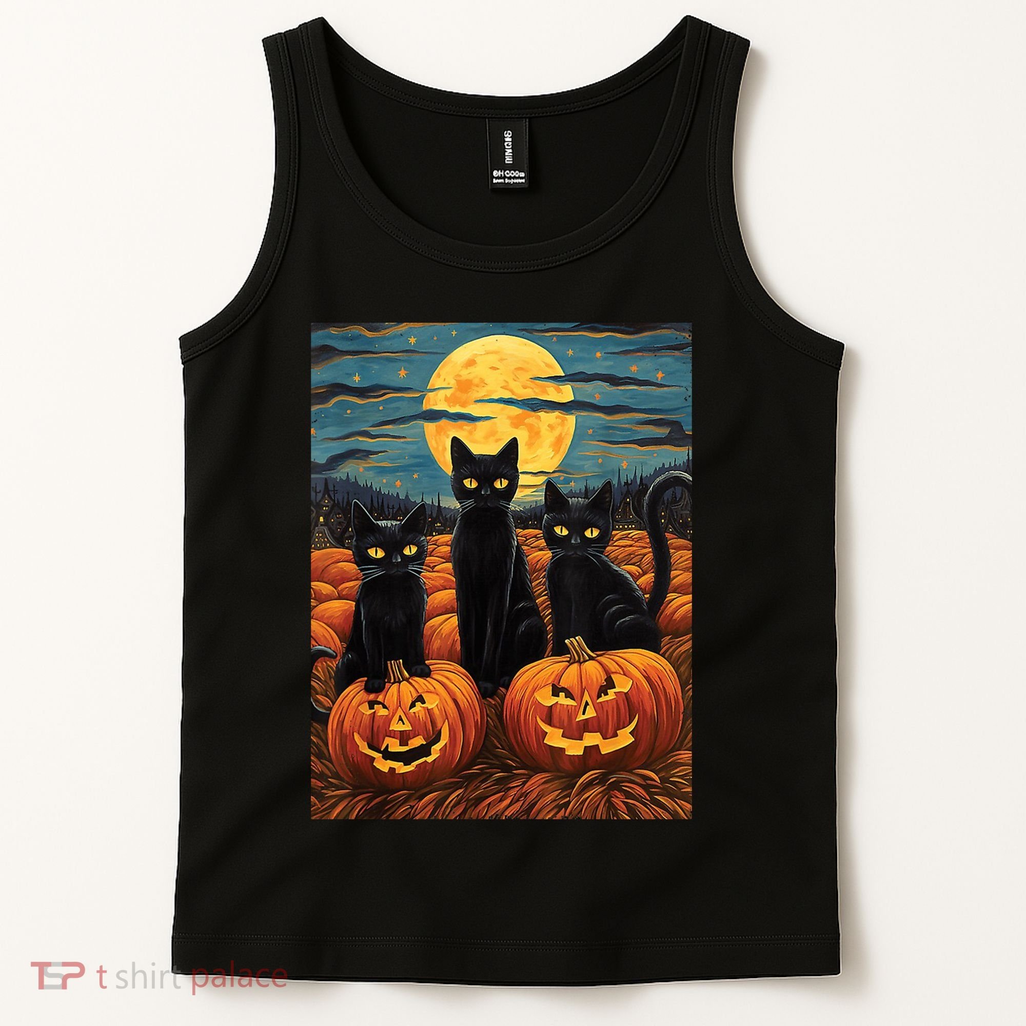 Black Cat Starry Night Van Gogh Funny Halloween Tank Top