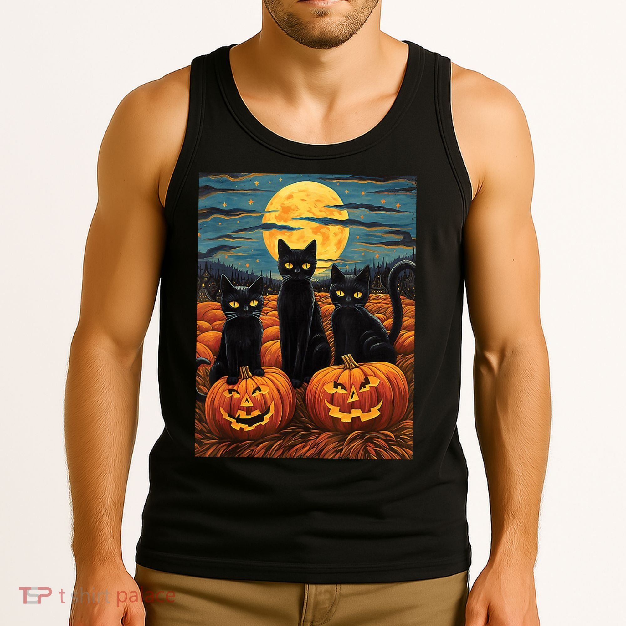 Black Cat Starry Night Van Gogh Funny Halloween Tank Top