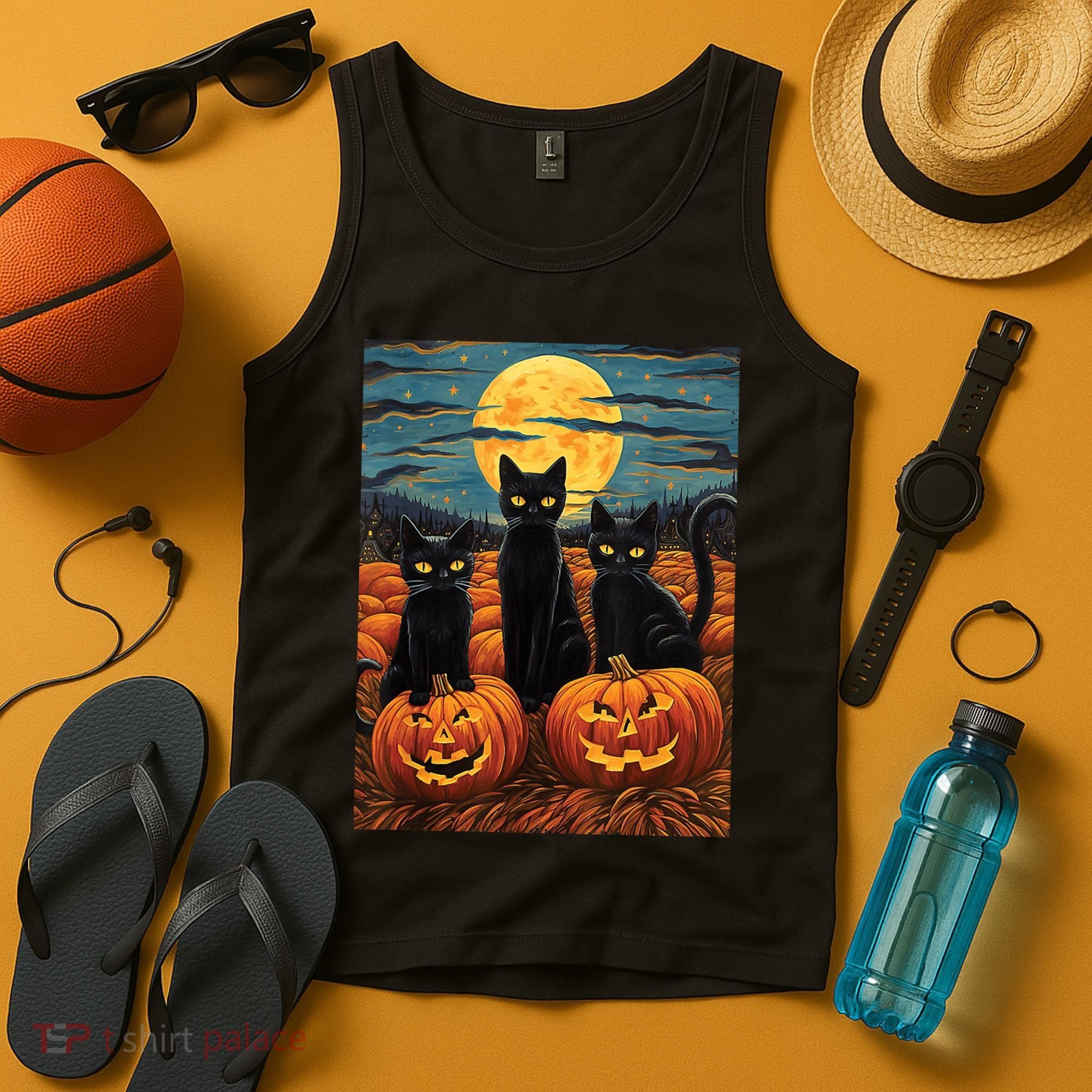 Black Cat Starry Night Van Gogh Funny Halloween Tank Top