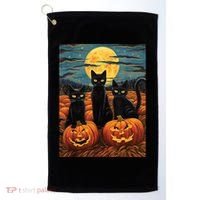 Black Cat Starry Night Van Gogh Funny Halloween Golf Towel thumb 0