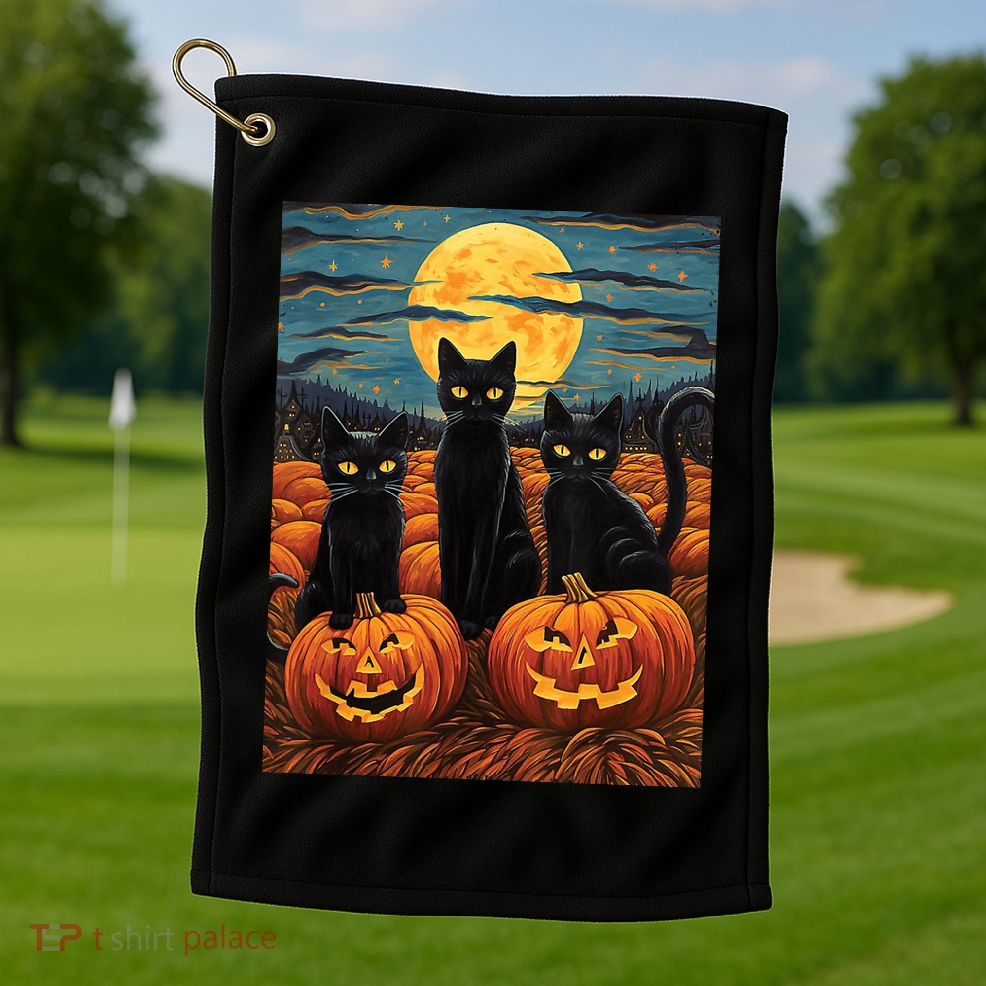 Black Cat Starry Night Van Gogh Funny Halloween Golf Towel