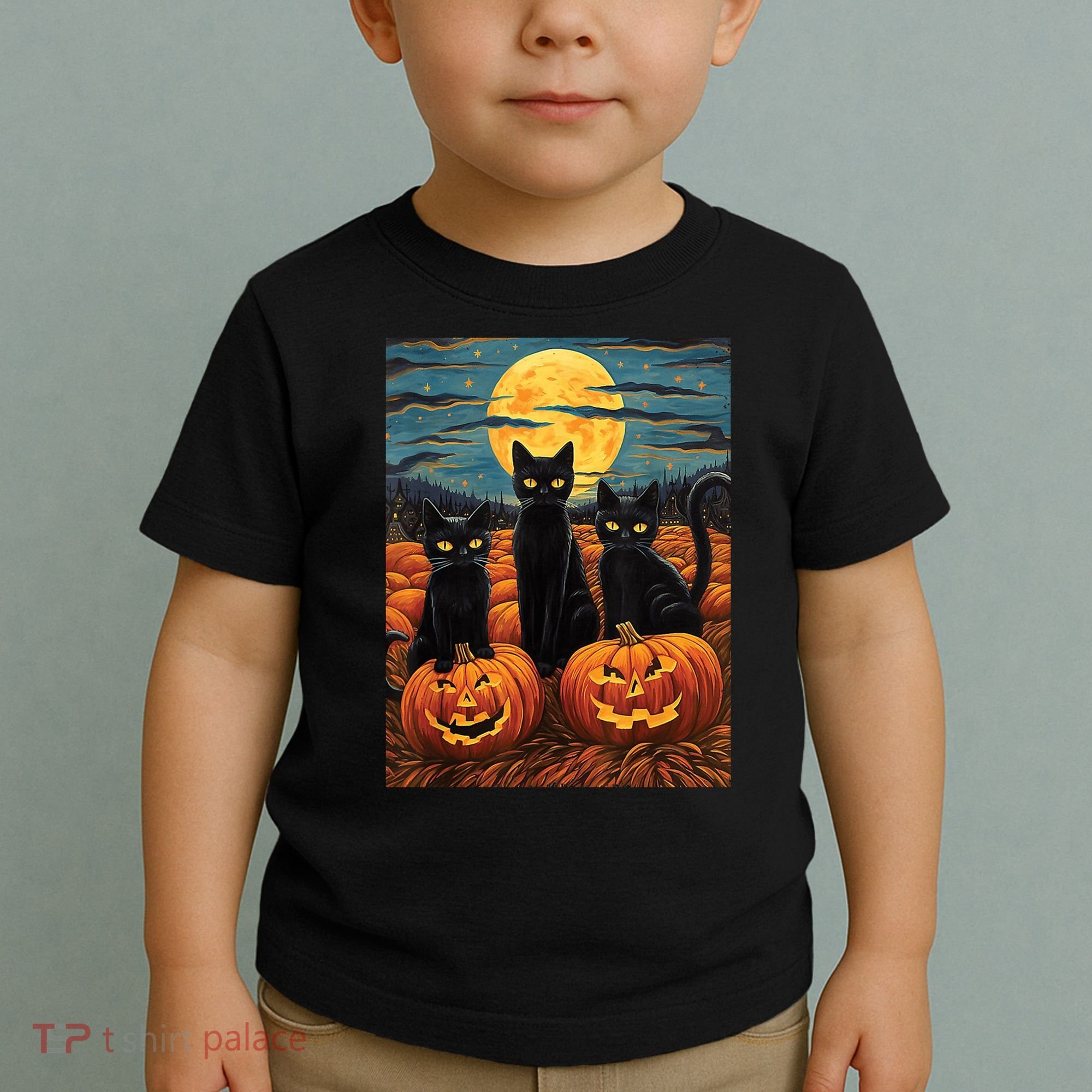 Black Cat Starry Night Van Gogh Funny Halloween Toddler T-Shirt