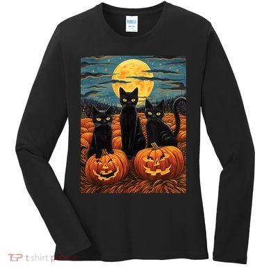 Black Cat Starry Night Van Gogh Funny Halloween Women's Long Sleeve Shirt