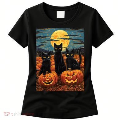 Black Cat Starry Night Van Gogh Funny Halloween Women's T-Shirt