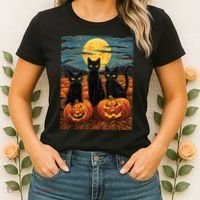Black Cat Starry Night Van Gogh Funny Halloween Women's T-Shirt thumb 2