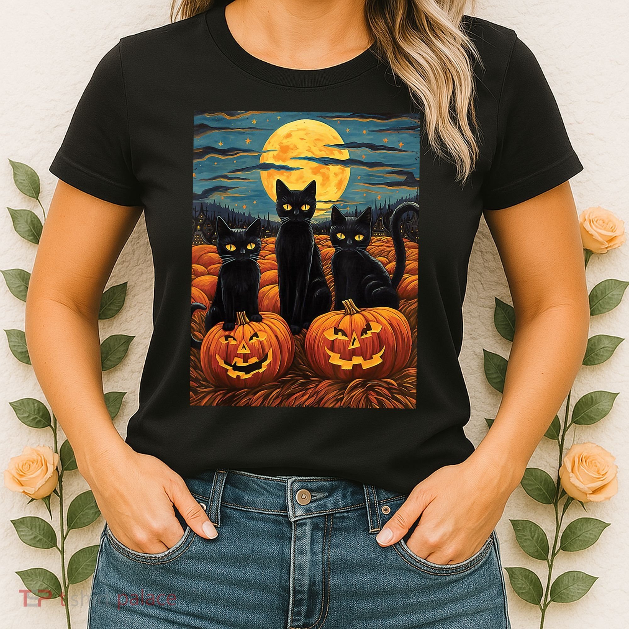 Black Cat Starry Night Van Gogh Funny Halloween Women's T-Shirt