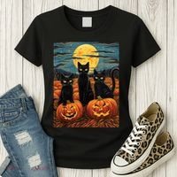 Black Cat Starry Night Van Gogh Funny Halloween Women's T-Shirt thumb 3