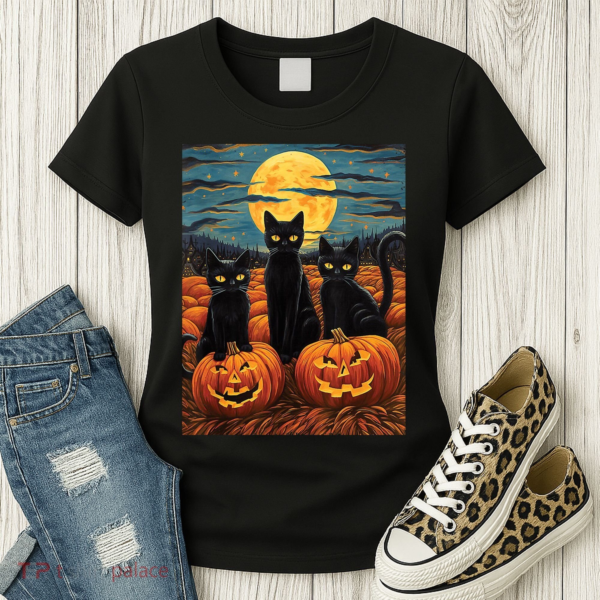 Black Cat Starry Night Van Gogh Funny Halloween Women's T-Shirt