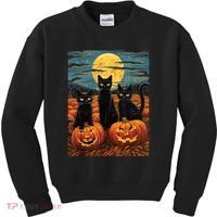 Black Cat Starry Night Van Gogh Funny Halloween Kids Sweatshirt thumb 0