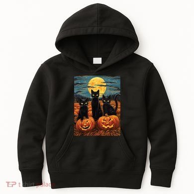 Black Cat Starry Night Van Gogh Funny Halloween Kids Hoodie