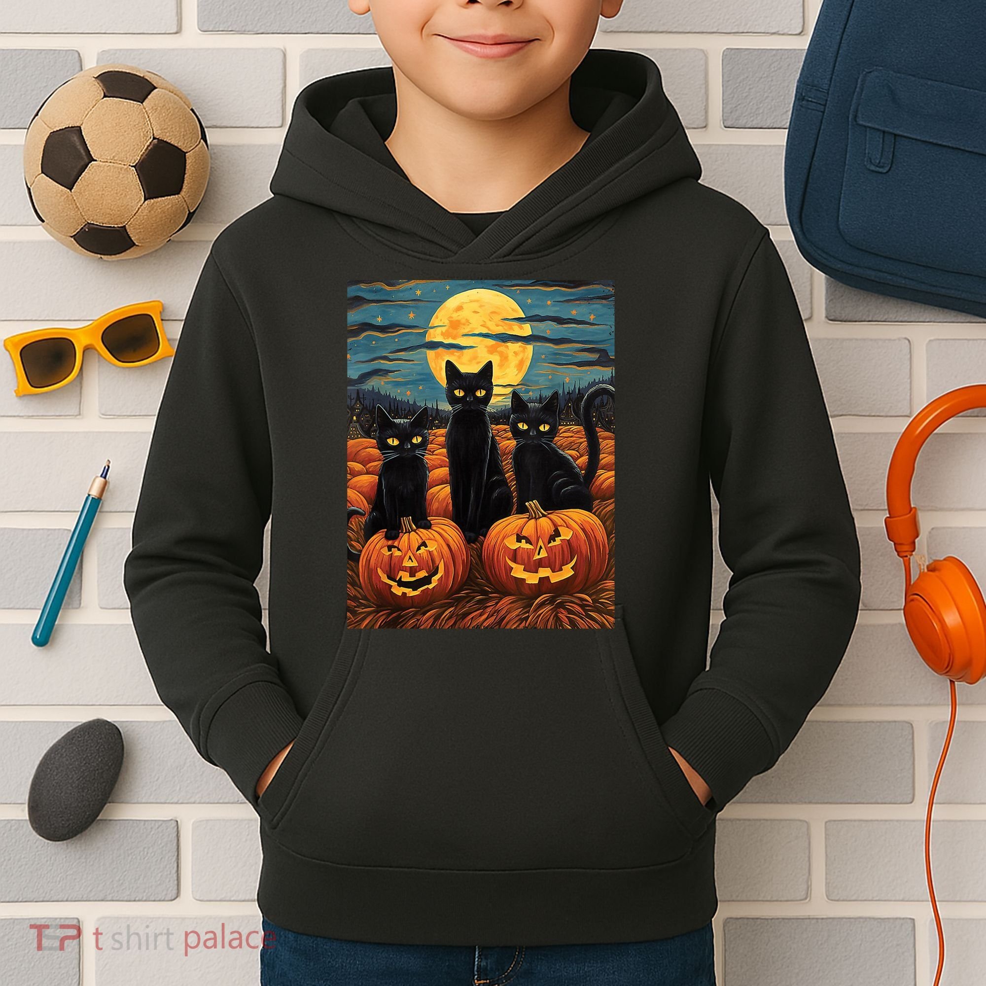Black Cat Starry Night Van Gogh Funny Halloween Kids Hoodie