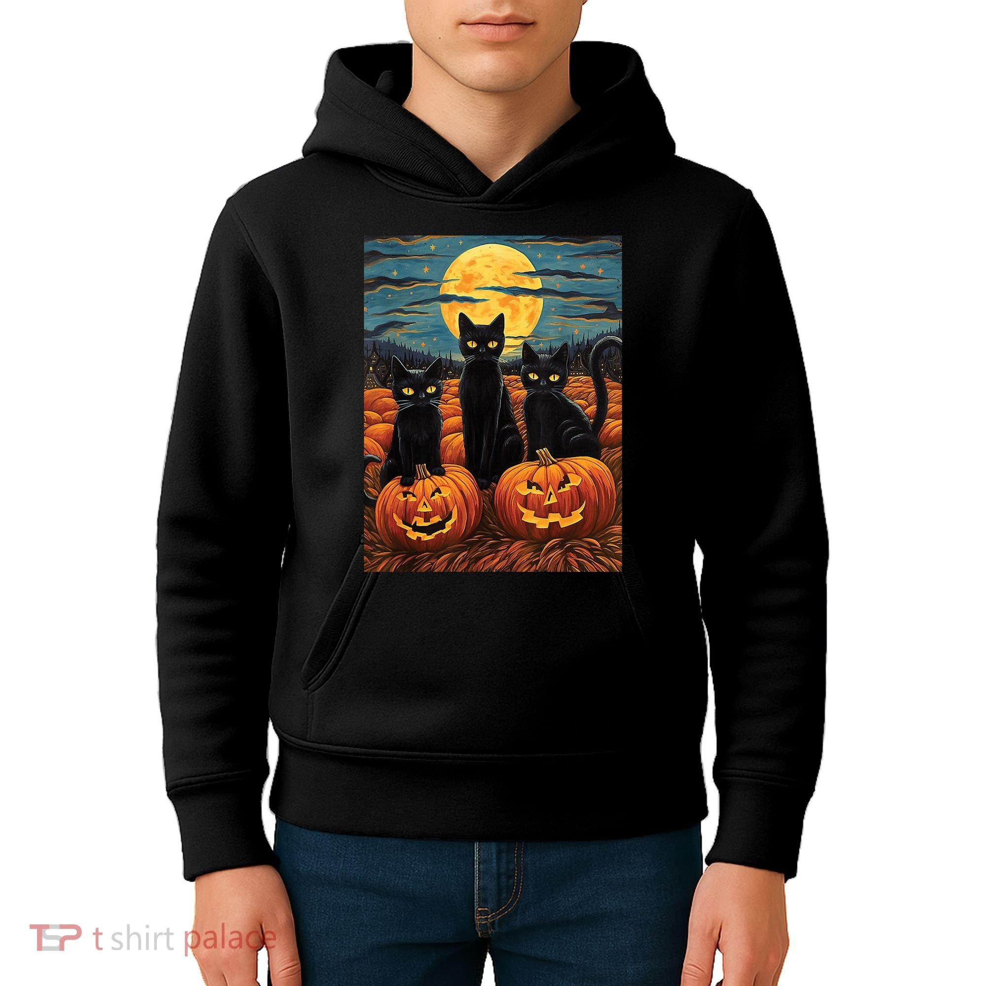 Black Cat Starry Night Van Gogh Funny Halloween Kids Hoodie