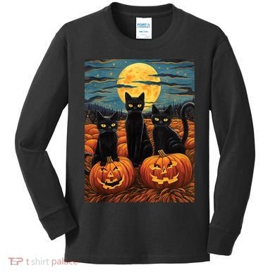Black Cat Starry Night Van Gogh Funny Halloween Kids Long Sleeve Shirt