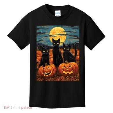 Black Cat Starry Night Van Gogh Funny Halloween Kids T-Shirt