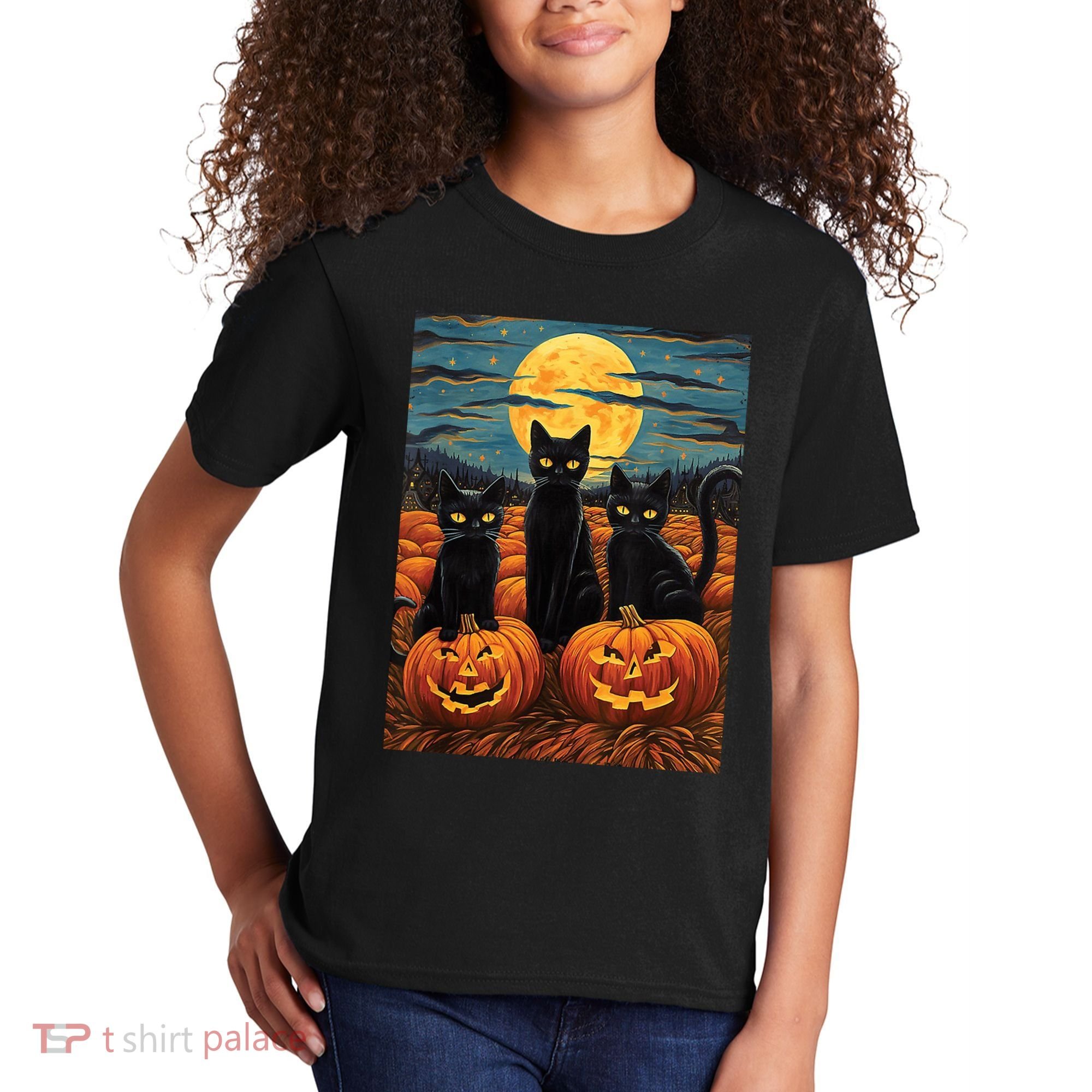 Black Cat Starry Night Van Gogh Funny Halloween Kids T-Shirt