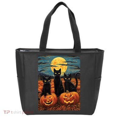 Black Cat Starry Night Van Gogh Funny Halloween Tote Bag